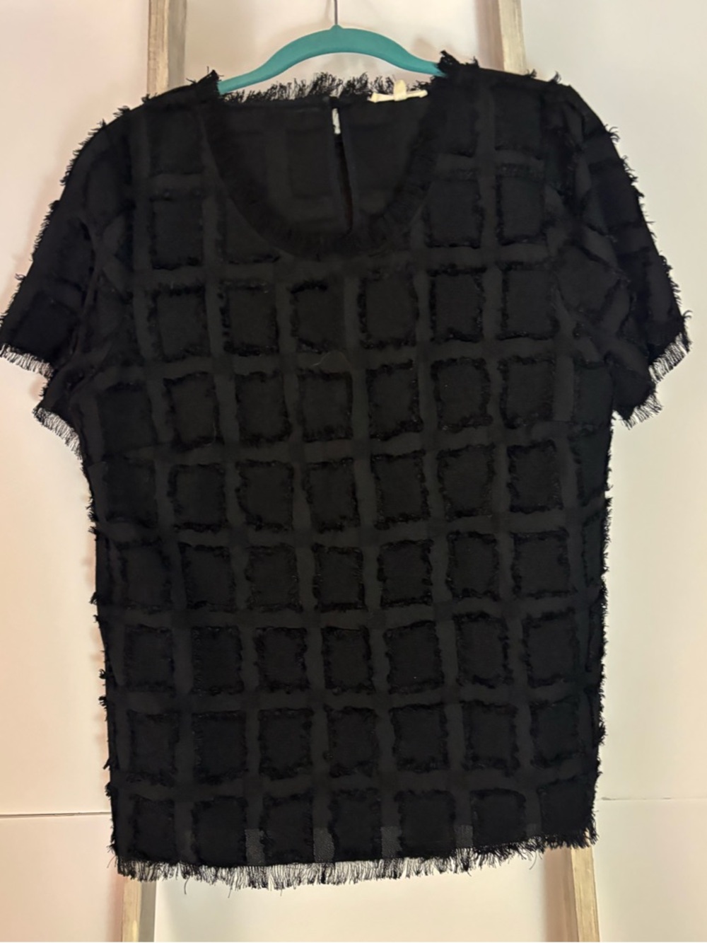 Pleione womens Large, Fringe Grid Top, avant-garde, edgy, artsy, elevated basics